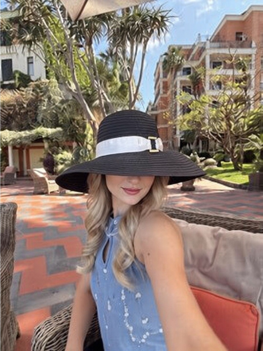 Lauren Ralph Lauren Black Wide-Brim Sun Hat with White Ribbon